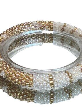 Half White and Gold Stripe & Half Gold Beaded Bracelet